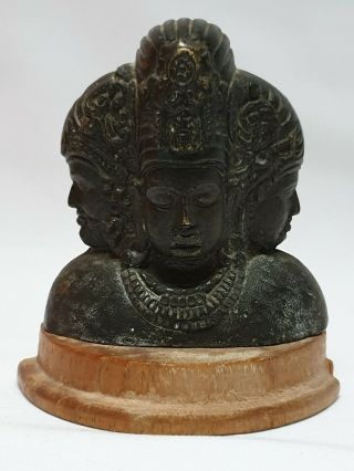 Vintage Maharashtra Bronze Brass Triumvirate Gods On Wooden Base Indian Mid 20th
