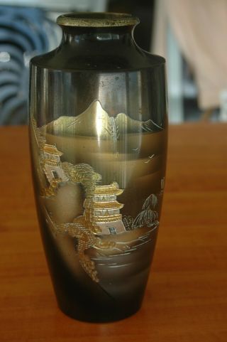 Signed Japanese Mixed Metal Vase Gold Embelished 8.  25 " Tall