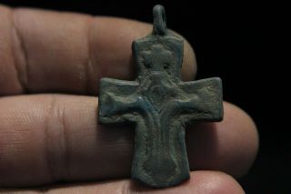 Medieval Bronze Religious Cross Pendant With Saint 1200 Ad