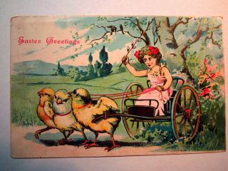 Postcard Easter Greetings 1908 Antique Embossed Girl Charriot Chick Pulling 1447