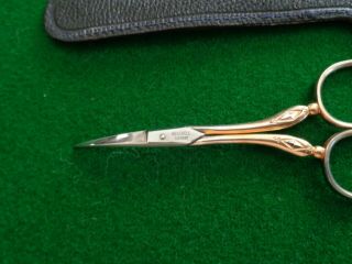 Old RARE c.  1920 ' s J.  A.  Henckels Cuticle Scissors GOLD Wash & Pouch 3