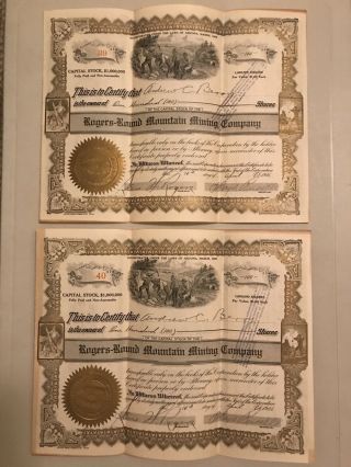 Rare Antique Mining Stock Certificate,  " Rogers Round Mt.  Mining Company "