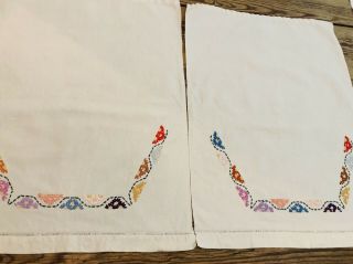 2 X Vintage Embroidered Linen Tea Tray Clothes With Drawn Thread.  (antimacassar)