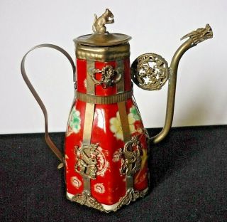 Rare Vintage Chinese Porcelain Tea / Coffee Pot With Fine Metal Detailing