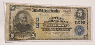 1902 $5 Dollar Large National Currency The Mutual National Bank Of Chicago Rare