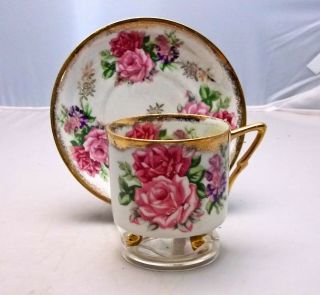 Vintage Royal Halsey Ball Footed Tea Cup & Saucer,  White W Roses,  Pearl Luster