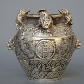 Decor Auspicious Miao Silver Carved Golden Toad & Dragon Exquisite Storage Jar