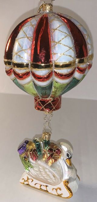 Htf Rare Christopher Radko Blown Glass Swan Hot Air Balloon Christmas Ornament