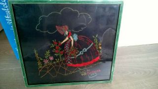 Shabby Chic Vintage Hand Embroidered Framed Picture With Crinoline Lady