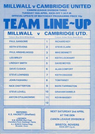 Very Rare Single Sheet Millwall V Cambridge United 16/4/85