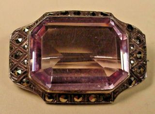 Art Deco Sterling Silver Marcasite & Faux Amethyst Pin Antique Germany