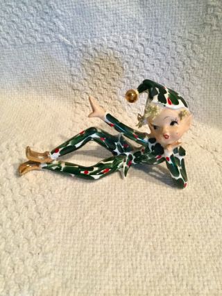 Rare Green Holly Ceramic Mischievous Elf Pixie Japan Vtg.  1950’s Christmas Euc