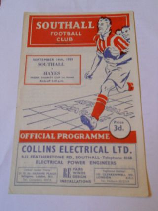 Football Programme Rare Southall V Hayes Middlesex Charity Cup First Round 1959
