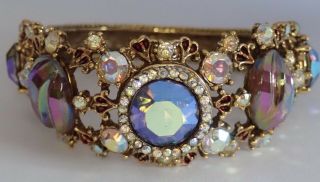 Rare Vintage Har Gold Plate Enamel Aurora Borealis Rhinestone Art Glass Bracelet