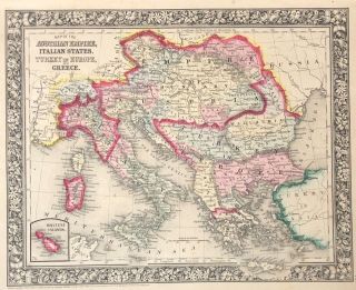 1860 Mitchell ' s Map of Austrian Empire - Italy - Greece hand colored 12” by 15” 2
