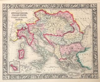 1860 Mitchell ' s Map of Austrian Empire - Italy - Greece hand colored 12” by 15” 3