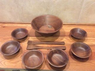 Vintage Quality Heirloom Walnut Wood Salad Set Bowls Serving Forks