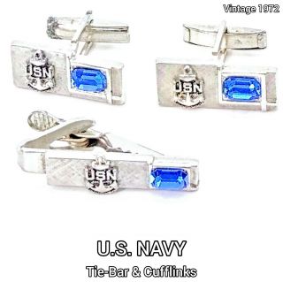 Vintage Us Navy Tie - Bar And Cufflinks Silver With Sapphire Blue Gemstones 1972