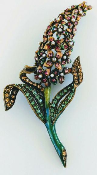Rare Jay Strongwater Enamel Flower Brooch With Swarovski Crystals Pink And Green