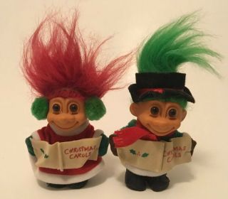 Vintage Russ Christmas Carol Troll Doll Set Of 2 Green Hair Boy & Red Hair Girl
