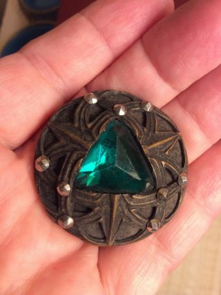 Antique Round Green Crystal Glass Hematite Stone Brass Bronze Button Pin 1.  5 "