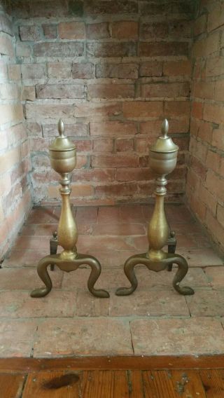 Old Vintage Brass & Cast Iron Andirons - Federal Style -