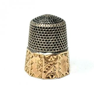 Rare Antique Sterling Silver Thimble With Gold Engraving 10 Sides P Maker 