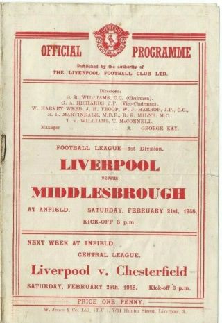 Rare Liverpool V Middlesbrough Prog 21/2/48 Division 1 1947/48 At Anfield