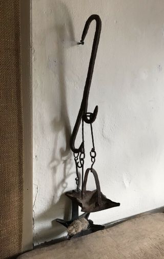 Early Antique Hand Forged Iron Hanging Hook Rare 2 Arm Aafa Lighting Hanger
