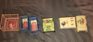 VINTAGE BUNDLE RENWAL DOLL HOUSE TOYS ACCESSORIES,  2 GINNY VOGUE 1950’s DOLLS. 2