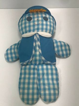 Vintage Fisher Price 1977 Cholly Rattle Doll Blue White Gingham Cloth Boy