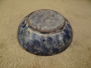Old Small Painted Wooden Sponge Decorated Blue & White Bowl 6”out Of Round