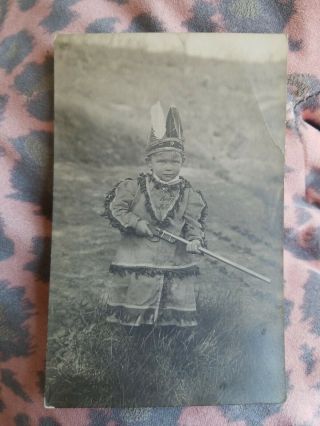 Rppc Real Photo Postcard Child Dressed Costume Cowboys Indians W Gun Antique