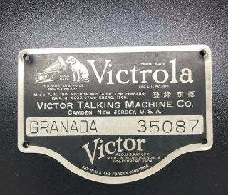 Antique Vtg Victor Victrola Granada 35087 Industrial Metal Date Plate Tag Sign