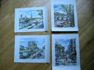Set Of 4 Vtg 1960s Paris French Art Prints By Arno - Notre Dame,  Champs,  Pont Marie,