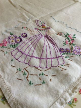 Vintage Linen Tablecoth Embroidered Crinoline Lady Cottage Flowers
