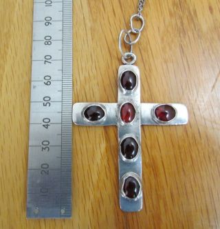 Rare Large Arts And Crafts Cross With Garnet Cabochons 25.  3g,  24 " Silver Chain