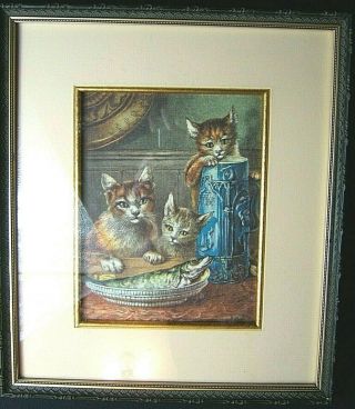 Antique Framed Chromolithograph / Three Cats With Fish