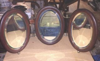 Small Antique / Vintage Tri - Fold Mirror,  Wood Frame
