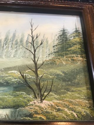 Antique Small Oil painting Winter LAKE TREES Landscape Old Painting Framed 3
