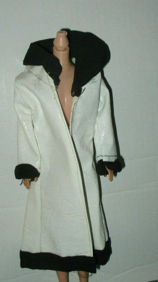 Vintage Mod Barbie Maddie Peggy Clone Size " White Vinyl Long Coat Fur Trim "