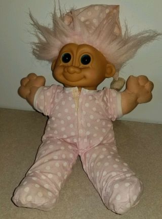 Vintage Troll Baby Doll Pink Hair In Pajamas 1990 