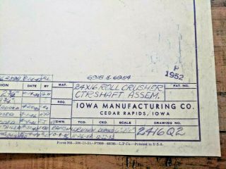 1952 Vintage Iowa Mfg Co Cedar Rapids 24x16 Roll Crusher Ctr Shaft Assem Drawing 3