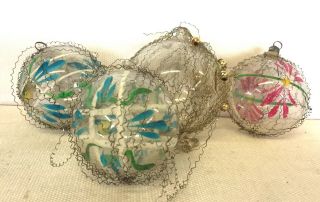 4 Antique Vintage Handblown German Wire Wrapped Glass Christmas Ornaments