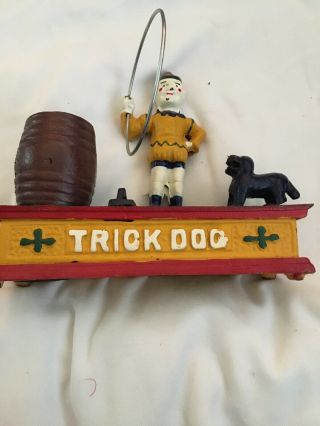 Vtg Cast Iron Trick Dog Mechanical Bank Antique Jumps Hoop Piggy Bank