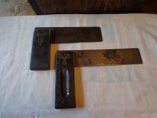 2 Antique Wood Handle Tri Squares One Stanley 6 " Other 4 "