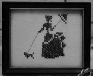 Antique Linen Cross Stitch Sampler Black Silhouette Framed Embroidery