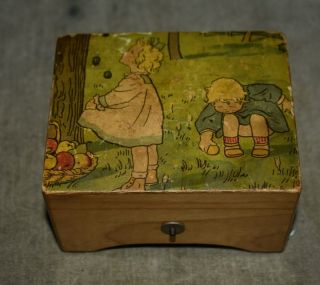 Rare Antique Wooden Music Box W/children Collecting Apples Imagery - 2 Airs