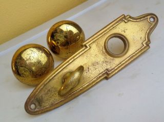 Antique Vintage Art Deco Door Plate Backplate W/ Thumb Twist & Door Knobs