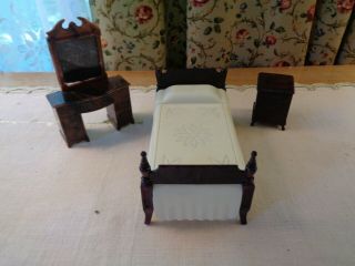 Vintage Ideal Plastic Dollhouse Furniture - Bed,  Night Stand & Renwal Vanity